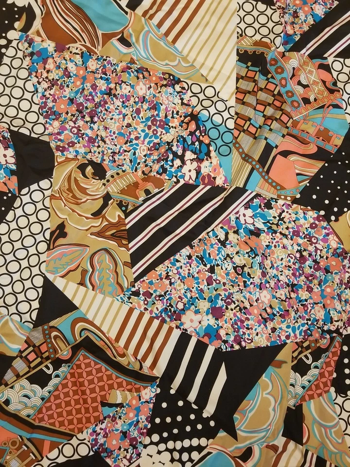 Aqua Silk Scarf Patchwork Design Polka Dot Striped Floral Vibrant Colors Fun - Image 2 of 3