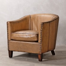 LEATHER BUCKET ARMCHAIR TUB CHAIR TRADITIONAL TAN LEATHER CHAIR