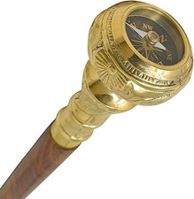 Brass Designer Handle Antique Style Cane Wooden Walking Stick With Compass Gift