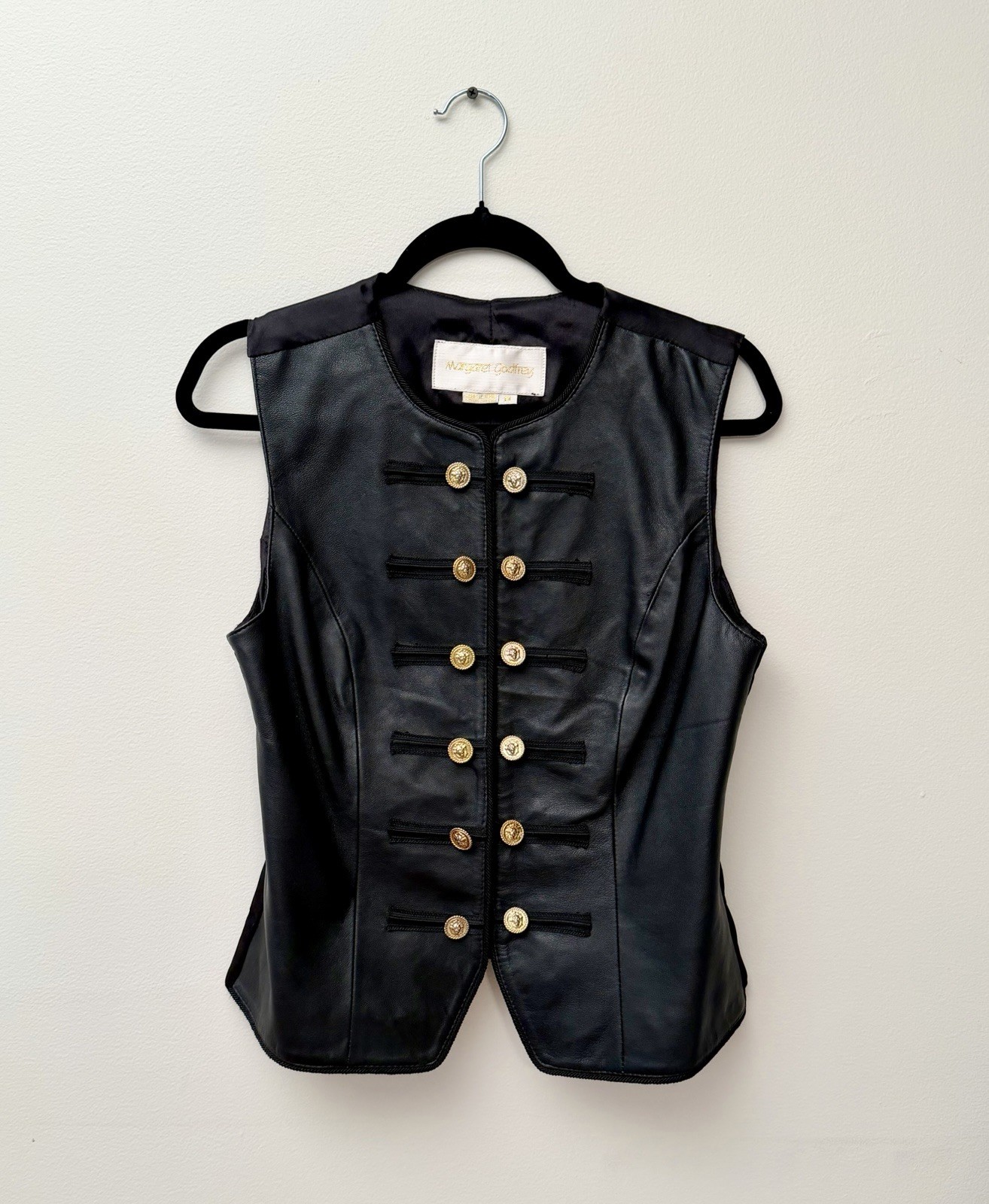 Margaret Godfrey Women’s Black Leather Vest Gold Crest Buttons Military Size M