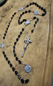 Vint Catholic Rosary Beads long black glass beads & silver exquisite cross 22"