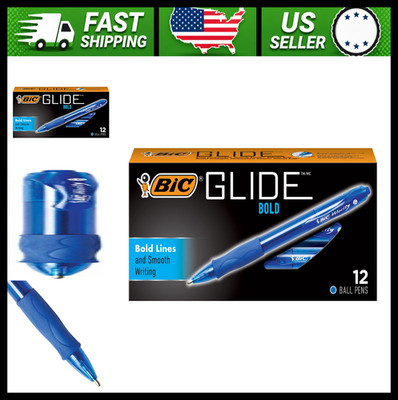 BIC Glide Bold Retractable Blue Ballpoint Pens 12 Count Rubber Grip