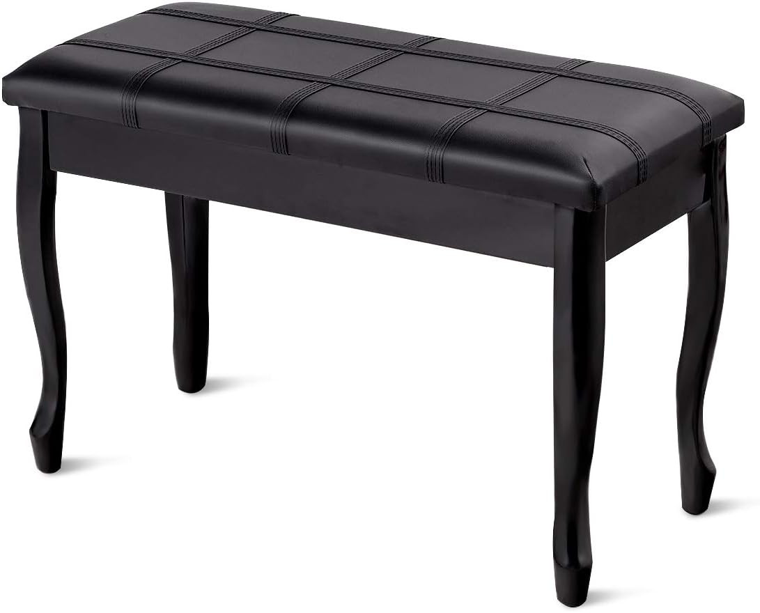 Duet Piano Bench with Storage, Keyboard Bench with Padded Cushion, Solid Wood Le