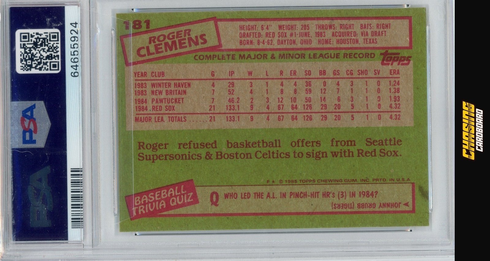 1985 Topps ROGER CLEMENS RC Rookie #181 RED SOX Vintage PSA 7 Near Mint O170 view 2