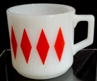 Fire King Milk Glass Harlequin Red Diamonds Mug D Handle Vintage USA Coffee Cup