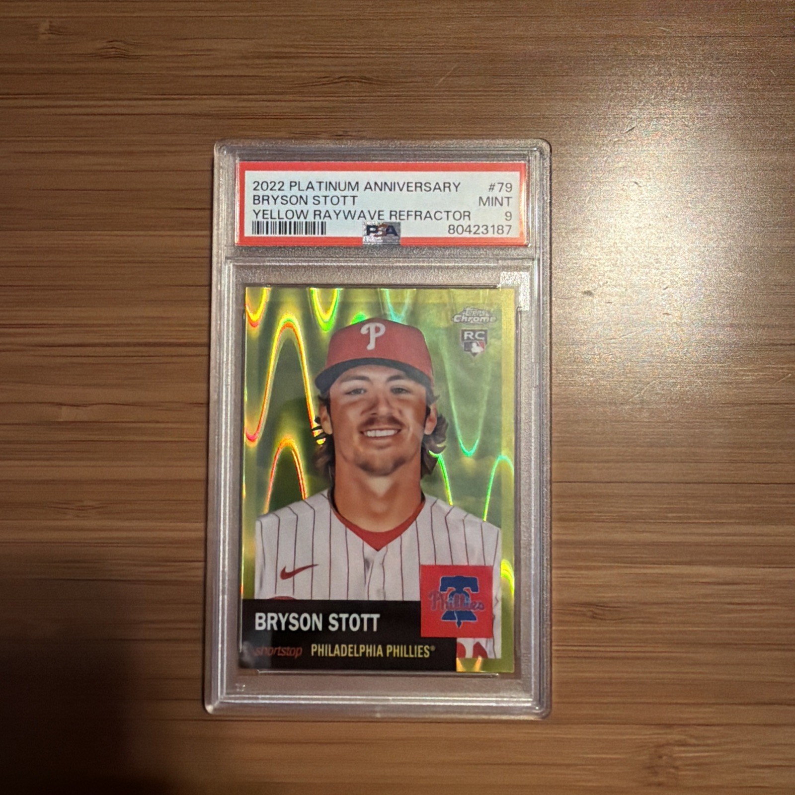 2022 Topps Platinum Anniv 79 Bryson Stott RC Yellow Raywave Ref /250 PSA 9