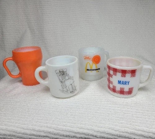4 Milk Glass Mugs Mismatch Set Fire King Grandpa Westfield McDonalds D Handle