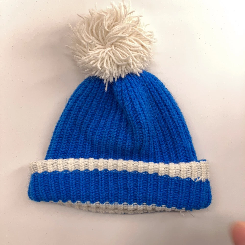 Retro Blue White Knit Winter Pom Pom Hat
