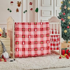 Christmas Crib Bedding Set 3 Pcs Pink Red Plaid with Gingerbread Man, Soft Qu...