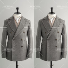 Grey Men's Suit Wide Peak Lapel Business Winter Outfits Warm Woolen 2Pcs Pants
