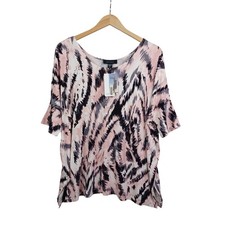 Karen Kane Side Slit Tunic Half Sleeve Stretch Knit Top M Pink Boxy Abstract NWT