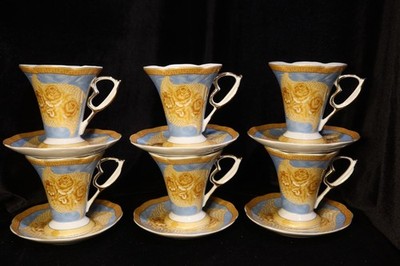 YAMASEN COLLECTION PORCELAIN JAPAN 14 CT GOLD PLATED GOLD ROSE 6 CUPS SAUCERS