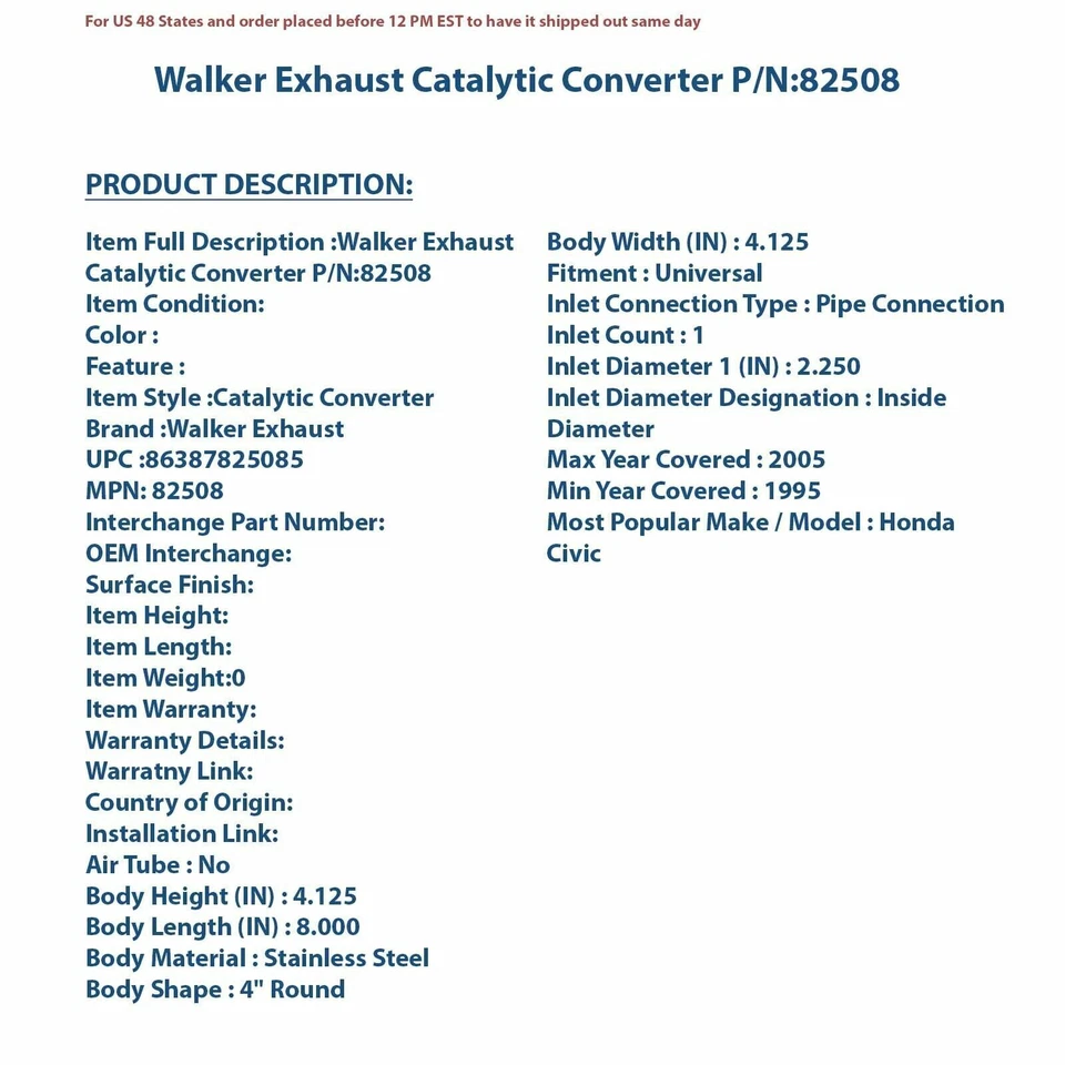 Convertidor Catalítico Escape Walker 82508 | Auto Pieza Alta Calidad, Ajuste Universal Foto 4 de 4