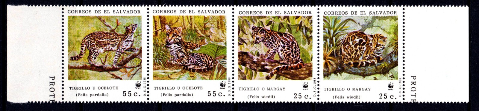 El Salvador 1988 Felis pardalis - WWF Complete Mint MNH Set Strip SC 1194