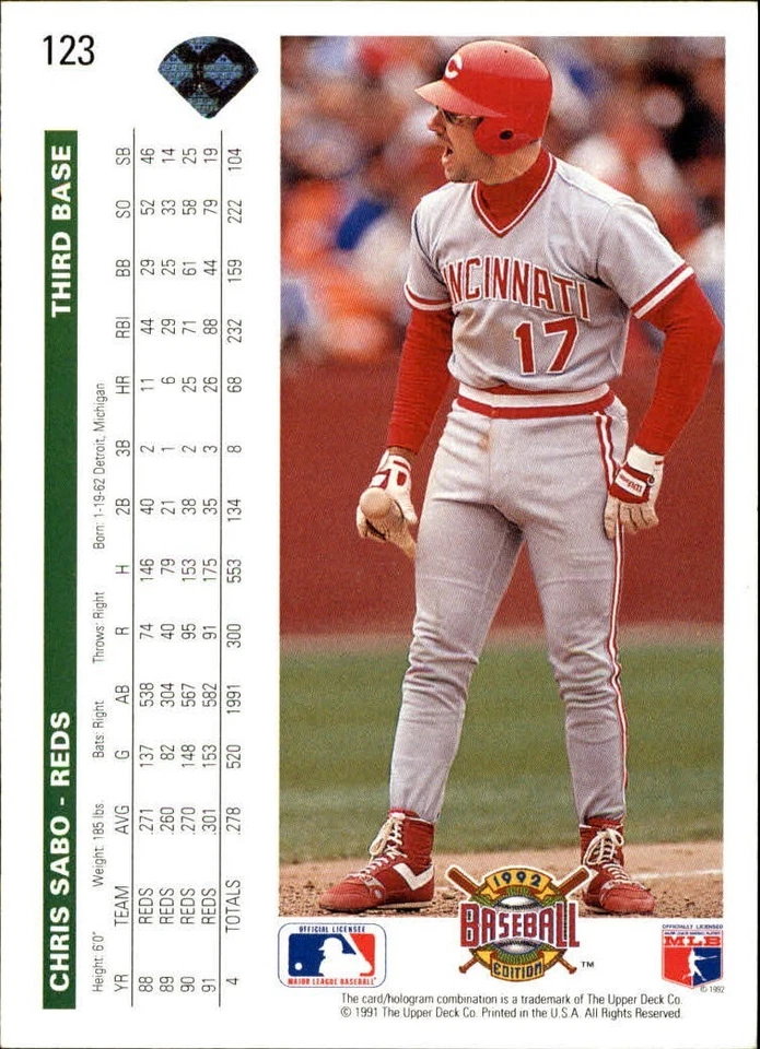 Chris Sabo 1992 Upper Deck MLB #123 Baseball Card Cincinnati Reds - Image 2 of 2