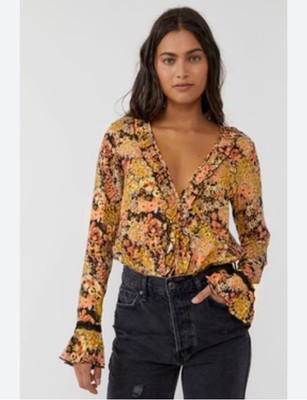 Intimately Free People Heatwave Floral Body Suit V Neck Ruffle Orange Women s M