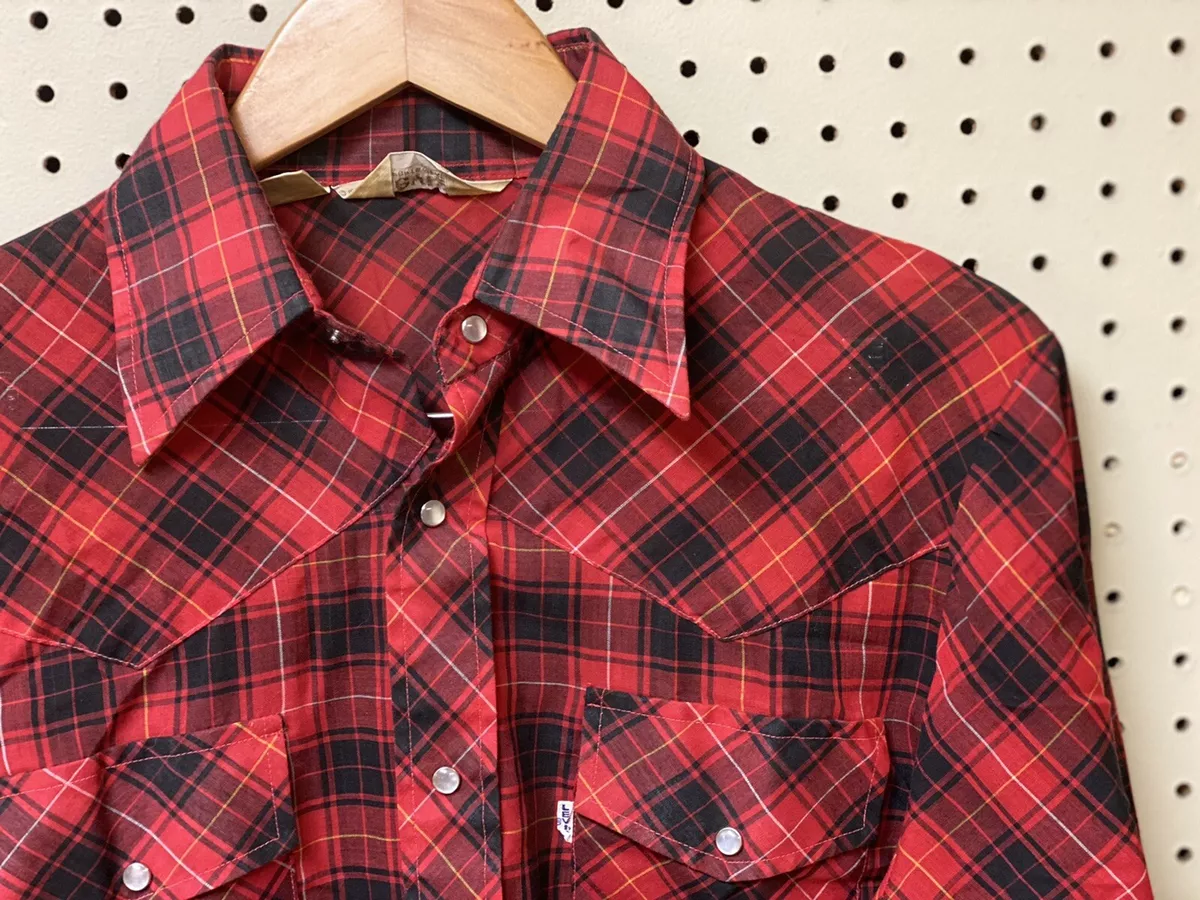 Vintage Levis Sportswear Western White Tab Big E Plaid Pearl Snap Shirt Men M