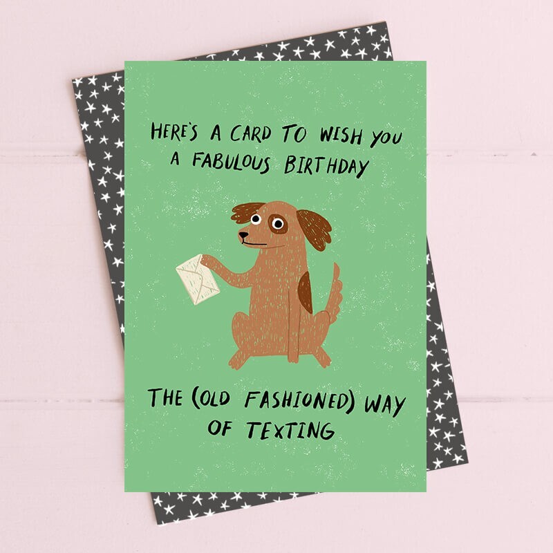 Dog Birthday Card Old Fashioned Text - Fun Illustrated Cute Design Greeting Card