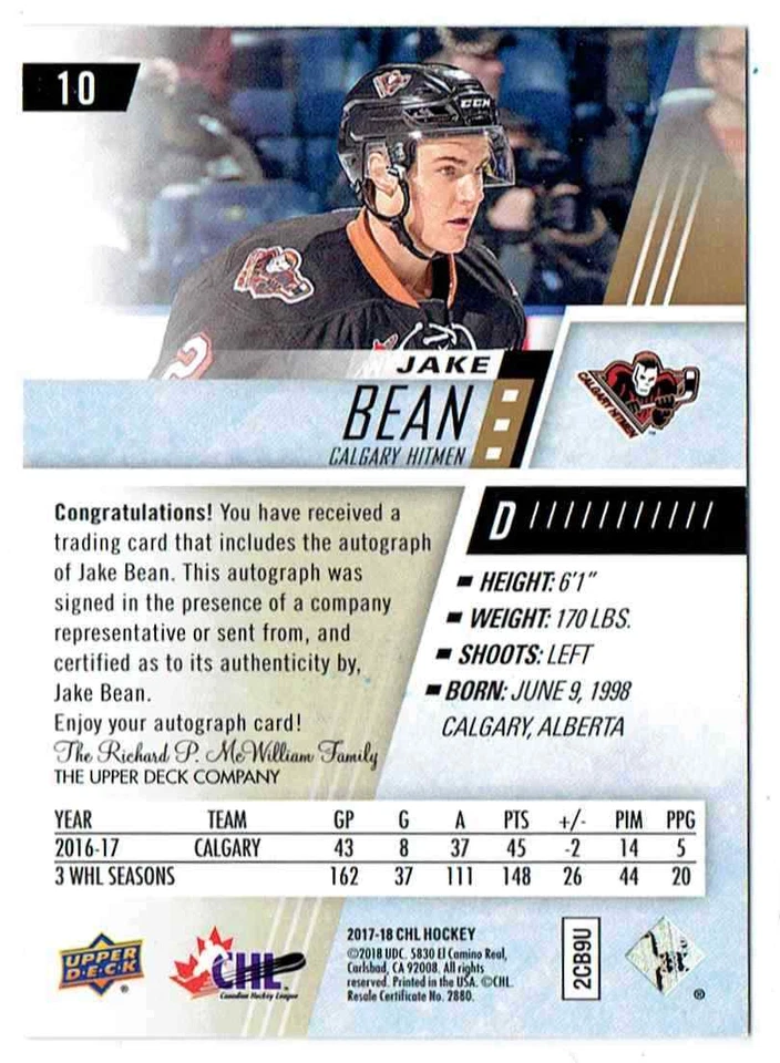 2017-18 UPPER DECK UD CHL AUTOGRAPH JAKE BEAN AUTO CALGARY HITMEN #10 - Image 2 of 2