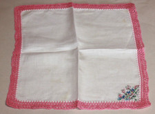 Lady's Vintage Handkerchief Embroidered Multi Color Flowers Pink Crochet Border