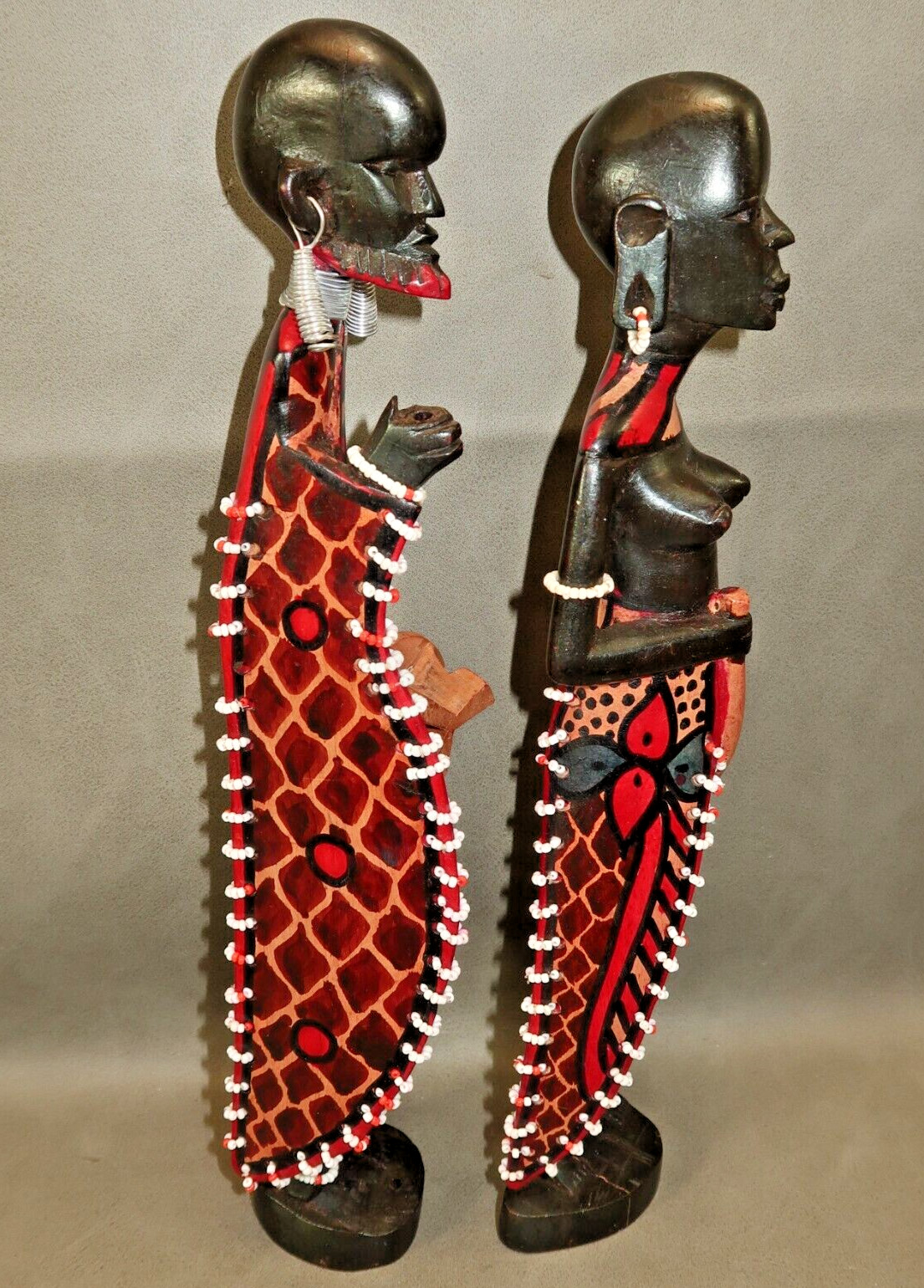 PAIR of Maasai African Mahogany Wood Woman and Man Beaded Figures Carved 12"