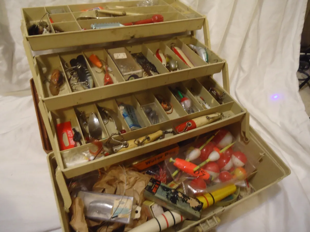 Vintage #6303 Plano Tackle Box loaded with Vintage Tackle Bobbers Dardevle