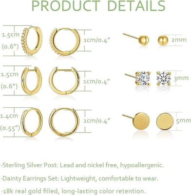Set Di 6 Paia Di Orecchini A Cerchio E Borchie Oro Per Donne - Ipoallergenici, In Argento 925 Placcato 18k Con Zirconi - Gioielli Per Multipli Piercing E Cartilagine - 2