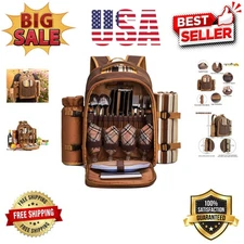 Brown Picnic Backpack for 4 - Complete with Insulated Cooler & Blanket