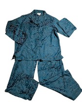 Vintage Miss Elaine Teal Blue Embossed Floral Satin 2-Piece Pajama Set Sz M