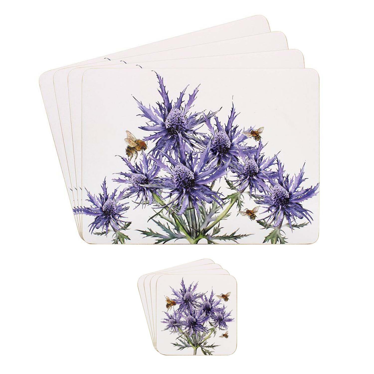 8pcs Cork Placemats & Coasters Bee-tanical Purple Thistles Wipe Clean Table Mats