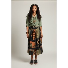 VTG 90s Abstract Patchwork Print Midi Skirt Artsy Earth Tone Geometric Size L