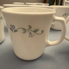 Set of 6 Vintage Corning USA Coffee Mugs Blue Heart Green Floral Milk Glass Cups