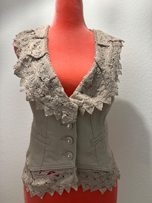 Heine,Denim Weste, Beige, Gr. 36, frolarer Spitzenbesatz Kragen, Deko Zierkragen