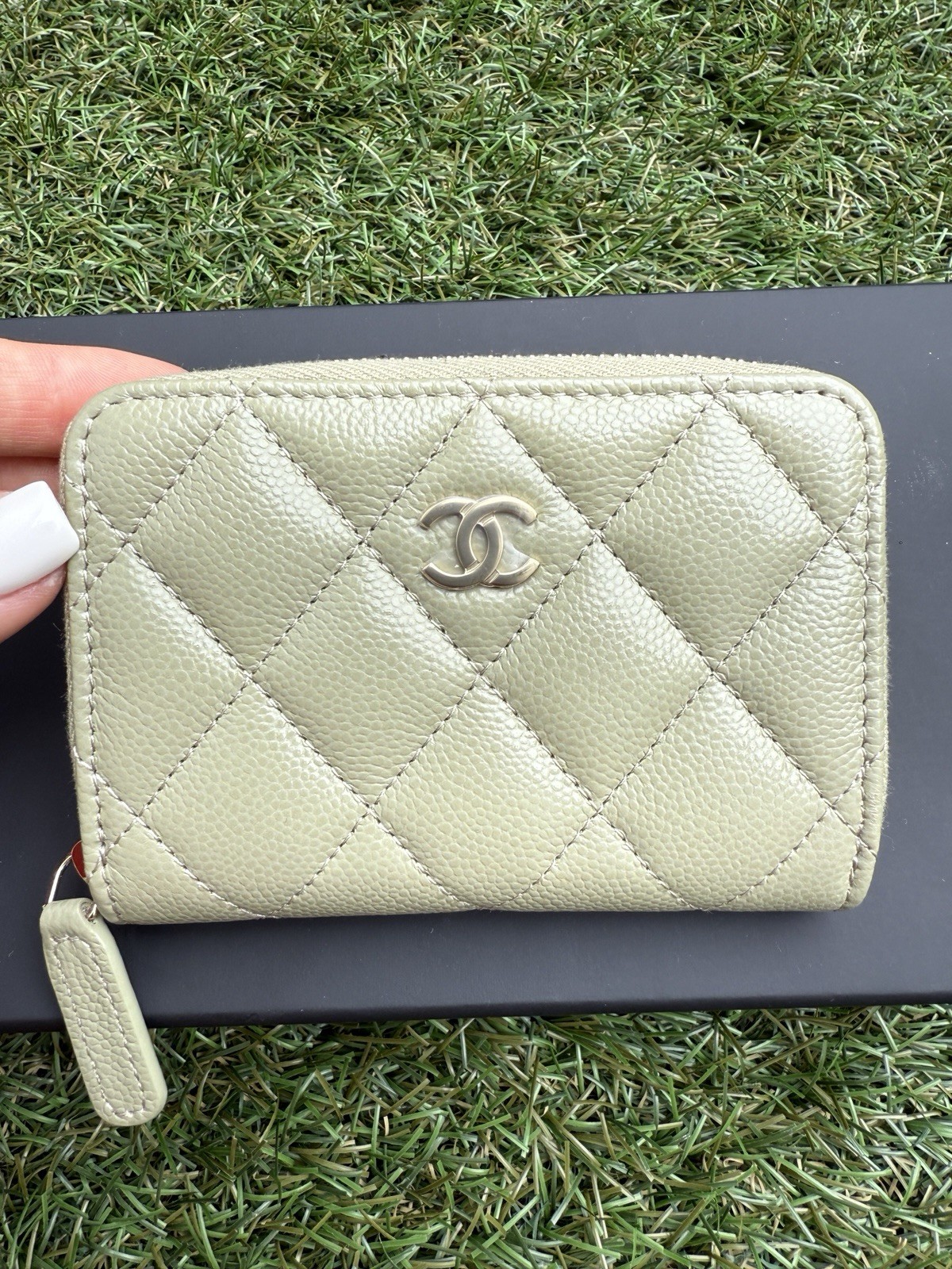 Chanel Khaki Green Caviar Leather Zip Coin Purse Wallet NWT image 3