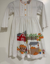 Vintage Kids World Girls Dress 6X White Pumpkin Farm Embroidered Fall Country