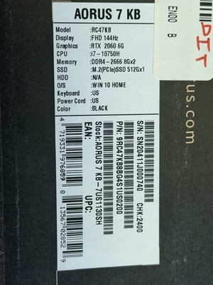 SCREEN CRACK Gigabyte Aorus 7 KB i7-10750H RTX 2060 16GB RAM 512GB SSD 144Hz Gam