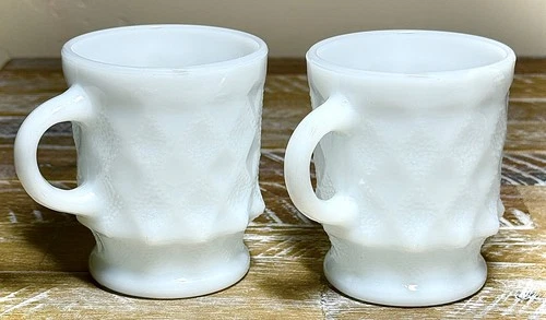Vintage Fire King Kimberly Diamond Coffee Cup/Mug 8 oz White Milk Glass - 2pc
