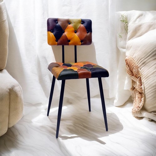 Retro Patchwork Leather Dining Chair – Mid Century Modern Style with Padded Seat - Picture 7 of 13