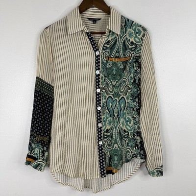 John Mark Top Equestrian Small Paisley Art Stripe Button Tunic Shirt Old Money