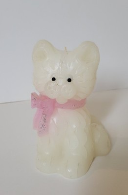 Northern Lights Big 6'' White Cat W/ Sparkly Pink Bow Candle