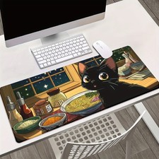 40 90cm1pc XXL Gaming Mouse Pad  Desk Mat - Black Cat Dining by Window at Night