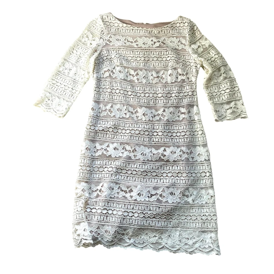 Mini Vestido Eliza J Superpuesto de Encaje Para Mujer Talla 8 Crema Manga 3/4 Formal Noche C Foto 2 de 4