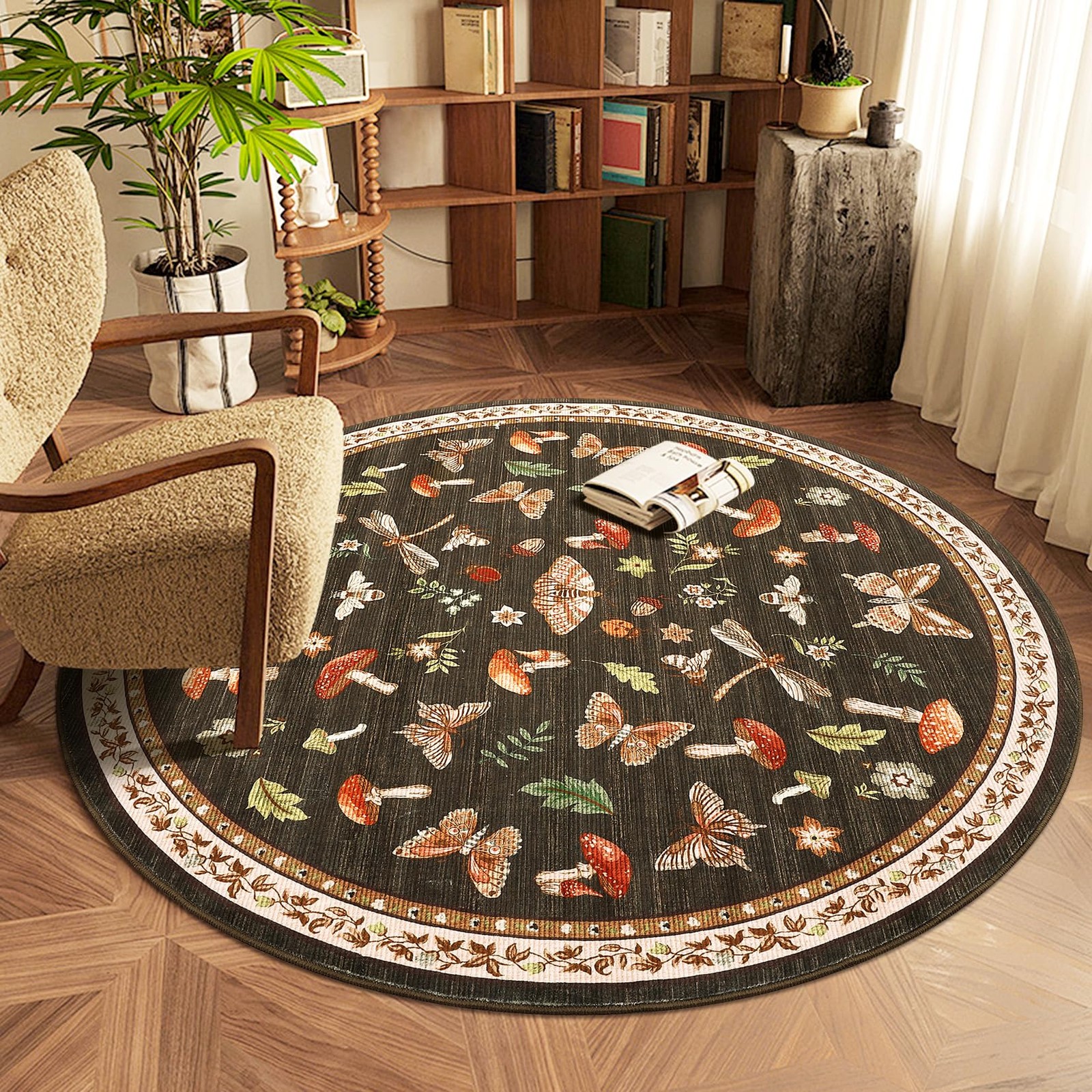 Mushroom Insect 4ft Round Rug Washable Non-Slip Soft Ultra-Thin Small Boho Ci...