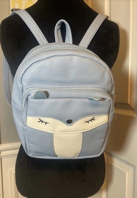 Fox Face Design Faux Leather Backpack Light Blue & White  Adjustable Straps