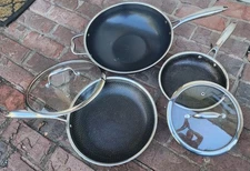 5 Pc HexClad Hybrid 12” Wok, 10" & 8" Frying Pan w/ Tempered Glass Lids, USED!!