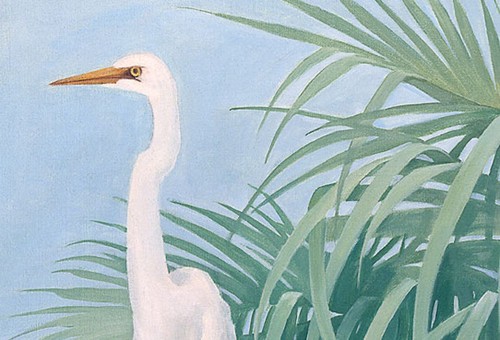 Florida SNOWY EGRET SENTINEL, BLY Tropical Fern 20x30 Giclee Art Canvas - Picture 3 of 3