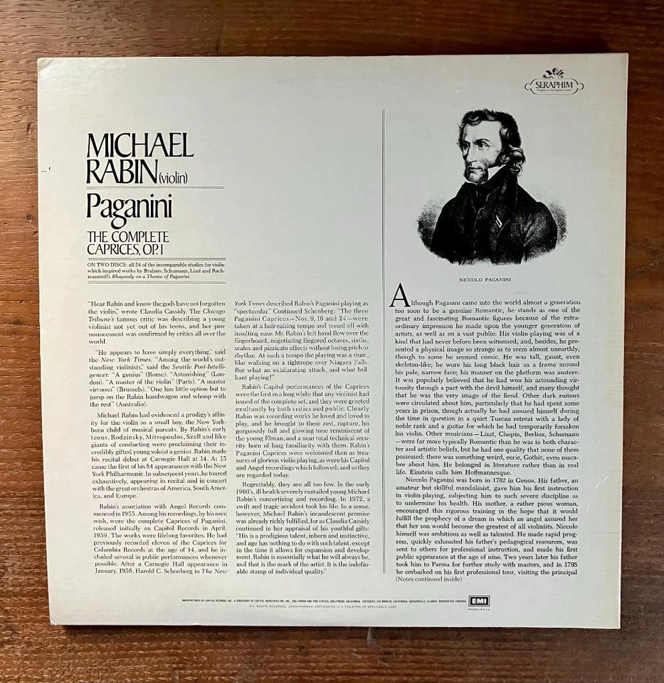 Michael Rabin Paganini Complete Caprices Seraphim SIB-6096 2LP Stereo NM - Image 2 of 4