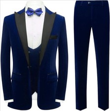 Men's Navy Velvet Suit Peak Lapel Blazer Prom Party Dinner Groom Tuxedo Wedding