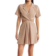 En Saison Tan Brown Beverly Shirtdress Mini Short Sleeve Cutout Dress Medium NWD