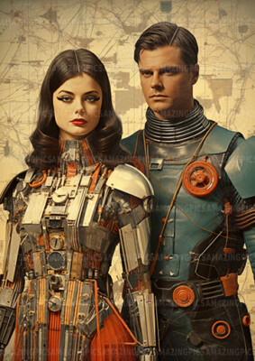 Retro Sci-Fi Paar Kunstdruck Cyberpunk Android Frau Raumanzug Mann Tech D52
